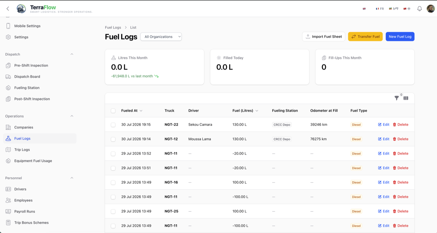 TerraFlow fuel logs screen listing fill-ups by truck, driver, and odometer reading