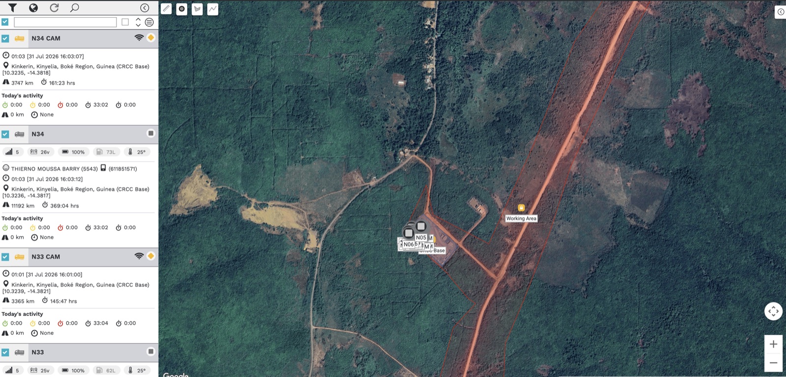 Live GPS tracking map showing truck locations, on-board cameras, and working-area geofence in Boké Region, Guinea